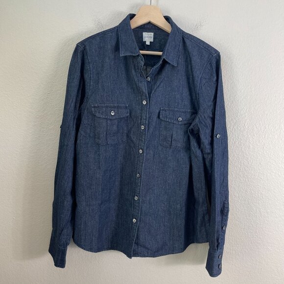 J Crew Womens Large Perfect Shirt Long Sleeve Chambray Denim Button Up Top - Picture 1 of 8